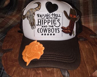 Beige Trucker Hat “Raising Hell With The Hippies & The Cowboys” Raising Hell With the Hippies and Cowboys Hat - Etsy main image 4