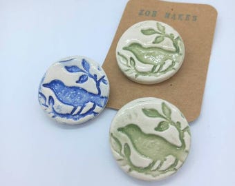 Handmade Ceramic Bird Brooch: Blue or Green Glazed Pin