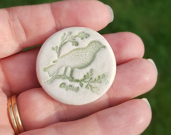Handmade Ceramic Bird Brooch: Green Chaffinch Pin