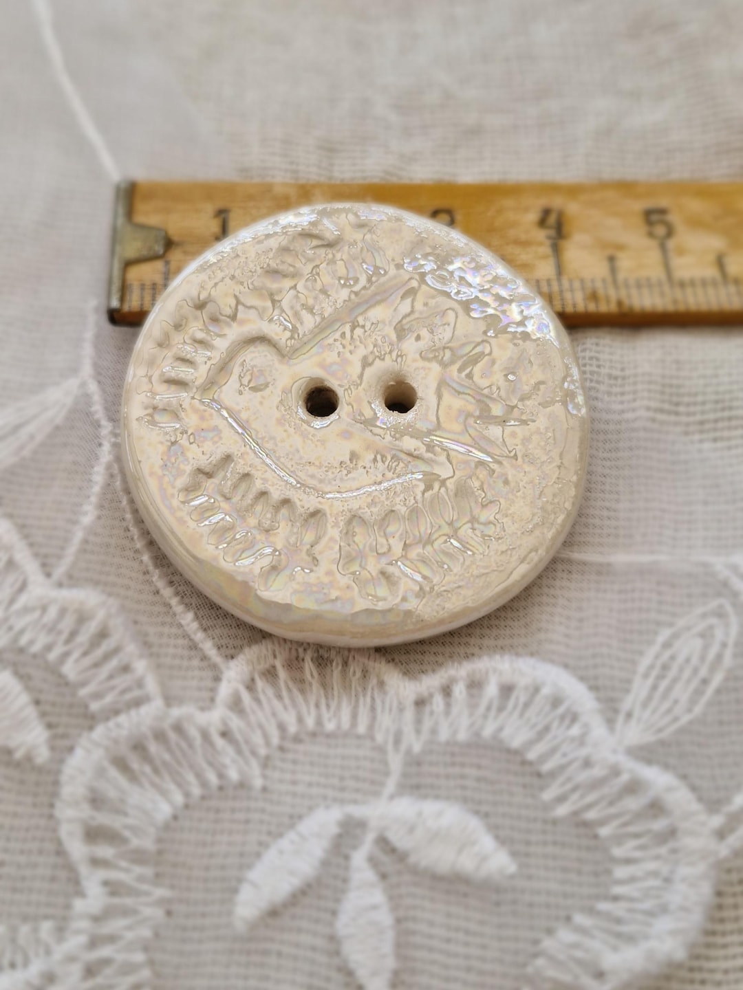 Large White Pearlescent Ceramic Button, Pretty White Handmade Button ...
