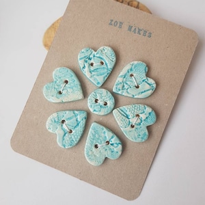 Turquoise Ceramic buttons, heart shaped handmade set of 6 buttons presented as a flower in a gorgeous textured with a vintage lace.