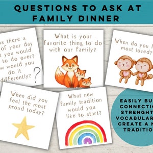 Op de afbeelding: Vijf kleurrijke kaarten met gespreksstarters voor een familiediner. Elke kaart heeft een andere illustratie: een vos, een aap, een ster, een regenboog en een vraagteken. De tekst op de kaarten luidt: "Was er een deel van je dag dat je graag opnieuw zou doen? Hoe zou je het anders doen?", "Wat is je favoriete ding om te doen met je familie?", "Wanneer voelde je je vandaag het meest trots?", "Welke nieuwe familietraditie zou je graag willen starten?", en "Wanneer voel je je het meest geliefd?" De kaarten liggen op een houten achtergrond. De tekst bovenaan de afbeelding luidt: "VRAGEN OM TE STELLEN TIJDENS EEN FAMILIEDINER". Onder de kaarten bevindt zich een blauwe cirkel met de tekst: "GEEN MAKKELIJKER MANIER OM VERBINDING TE BOUWEN, WOORDENSCHAT TE VERSTERKEN EN EEN NIEUWE TRADITIE TE CREËREN".