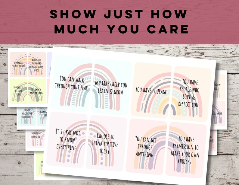 affirmation cards with a quote and rainbow picture