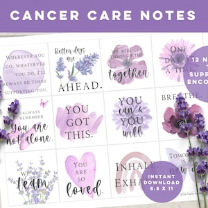 May include: Twelve printable cards with watercolor lavender flowers and inspirational messages for cancer care. The messages include "You are not alone", "We are a team", "You got this", "Better days are ahead", "One day at a time", "We will get through this together", "You can & you will", "Breathe", "You are so loved", "Tomorrow is a new day", "Inhale, exhale".