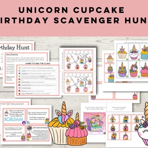 Scavenger Hunt Birthday, Scavenger Hunt Kids, Birthday Treasure Hunt, Printable Treasure Hunt, Unicorn, Cupcake