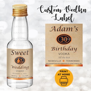 Mini Vodka Tito's label, shot 50ml favors, Printable Personalized Titos, Orange alcohol label, Birthday Wedding Bachelor Graduation