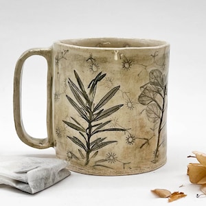 Green ceramic mug with lace and herb imprints; handmade clay cup with oregano, rosemary, sage; NC pottery mug with vintage flower lace