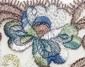 Blue Green Embroidered Rose Flowers on Delicate Brown and White Net Tulle Lace Trim, Ideal for Lingerie, Weddings, Sewing - Sold in YARDS