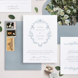 French Blue Line Art Hochzeitseinladungen, elegante druckbare Hochzeitseinladungs-Reihe