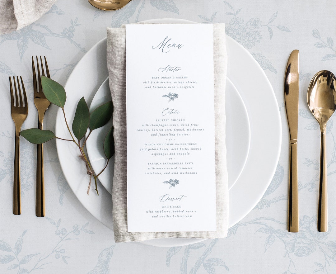 Printable Wedding Menu Card Template With Dusty Blue Ornaments ...