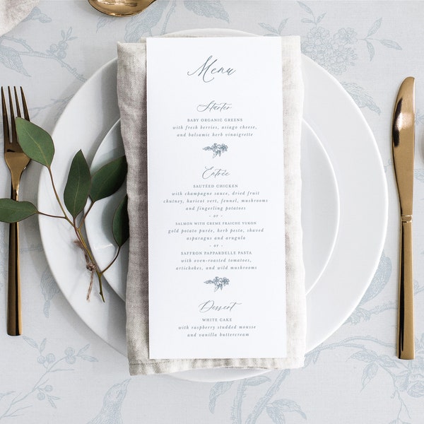 Printable Wedding Menu Card Template with Dusty Blue Ornaments, Editable Elegant Classic Dinner Drink Buffet Table Menus, Avelyn
