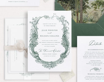 Printable Wedding Invitation Template Set with Tropical Palm Leaves, Editable Elegant Invites, Botanical Wedding Details RSVP Cards