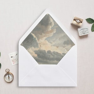 Forro de sobre imprimible, A7, solapa europea, solapa cuadrada, 6,5 cuadrados, A6, 5,75 cuadrados, 4 barras, 4 barras para invitaciones de boda de 5 x 7, nubes