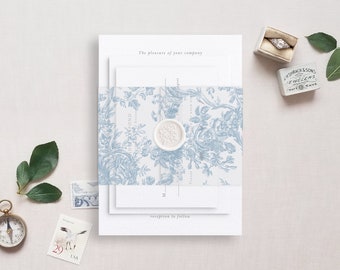 Printable Wedding Vellum Wrap in Narrow Style, Toile French Blue Design