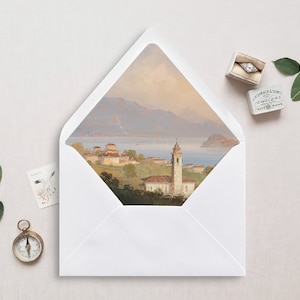 Druckbare Umschlag Einlage, A7, Euro Klappe, quadratische Klappe, Stadt Landschaft Umschlag Liner für 5x7 Hochzeitseinladungen, Comer See Italien