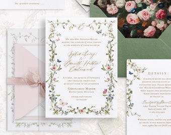 Printable Floral Wedding Invitation Template Set with Butterflies, Editable Butterfly Wedding Invites, Details and RSVP Cards