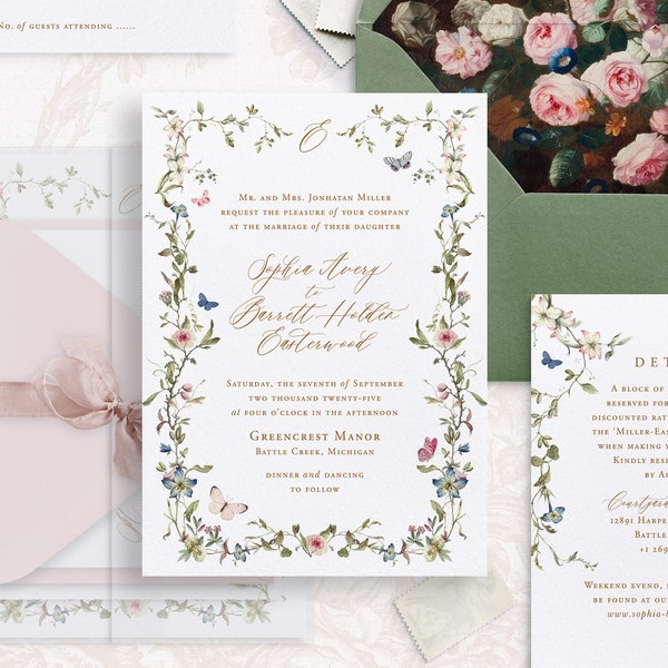 Druckbare Blumenhochzeitseinladungsvorlagen-Set mit Schmetterlingen, bearbeitbaren Schmetterlingshochzeitseinladungen, Details und RSVP-Karten