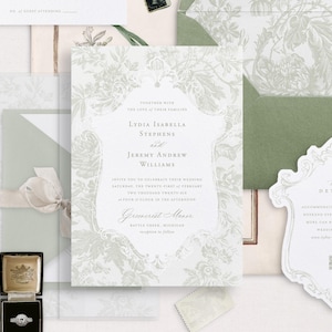 Druckbare Hochzeitseinladungs-Vorlagen-Set mit weisem Blumen-Toile-Muster, bearbeitbaren Hochzeitseinladungen mit Umschlag, Details und Antwortkarten