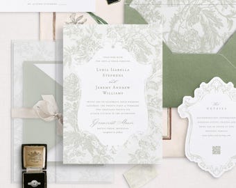 Printable Wedding Invitation Template Set with Sage Floral Toile Pattern, Editable Wedding Invites with Envelope Liner, Details & RSVP Cards