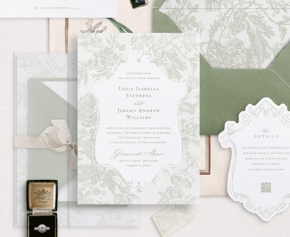 Printable Wedding Invitation Template Set with Sage Floral Toile Pattern, Editable Wedding Invites with Envelope Liner, Details & RSVP Cards
