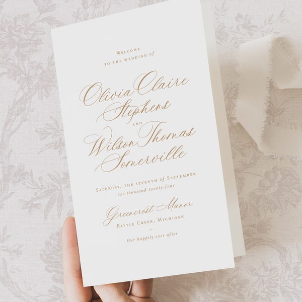 Printable Calligraphy Wedding Program Template in Gold, Editable Elegant Classic Order of Service Booklet, Digital Ceremony Card, CS