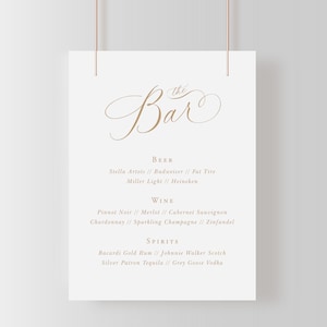 Bar Menü Schild, druckbare Kalligraphie Hochzeitsschild Vorlage, bearbeitbares elegantes Schild, klassisches Goldschild 8x10 | C.S