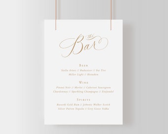 Bar Menu Sign, Printable Calligrapy Wedding Sign Template, Editable Elegant Sign, Classic Gold Sign 8x10 | CS