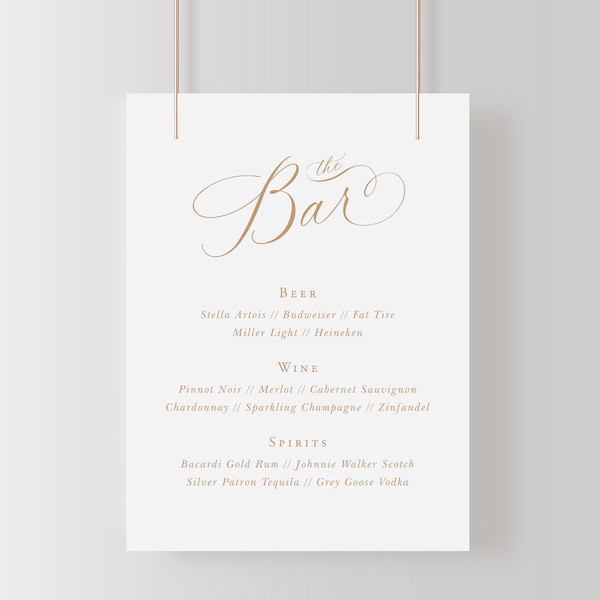 Bar Menu Sign, Printable Calligrapy Wedding Sign Template, Editable Elegant Sign, Classic Gold Sign 8x10 | CS