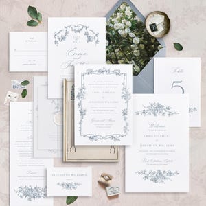 Französische Rose Dusty Blaue Hochzeitseinladungs-Paket | Elegantes DIY bearbeitbares Briefpapiervorlagenset | Druckbare Hochzeitsschilder im Antik Stil