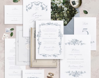 French Rose Dusty Blue Wedding Invitation Bundle | Elegant DIY Editable Stationery Template Set | Printable Antique Style Reception Signs