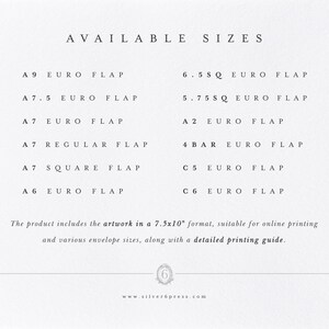 May include: A white sheet of paper with black text listing available sizes for printable artwork. The sizes are listed in inches and include A9, A7.5, A7, A7 Regular, A7 Square, A6, 6.5SQ, 5.75SQ, A2, 4 BAR, C5, and C6. The text also states that the artwork is available in a 7.5x10 inch format, suitable for online printing and various envelope sizes, along with a detailed printing guide.