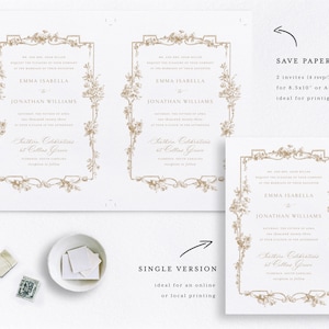 May include: Two printable wedding invitation designs with a gold floral border. The text reads "We are Mr. and Mrs. Adam Miller request the pleasure of your company at the marriage of their daughter Emma Isabella to Jonathan Williams Saturday, the sixteenth of April two thousand twenty three at four o'clock in the afternoon at Collins Grove Florence, South Carolina Reception to follow"
