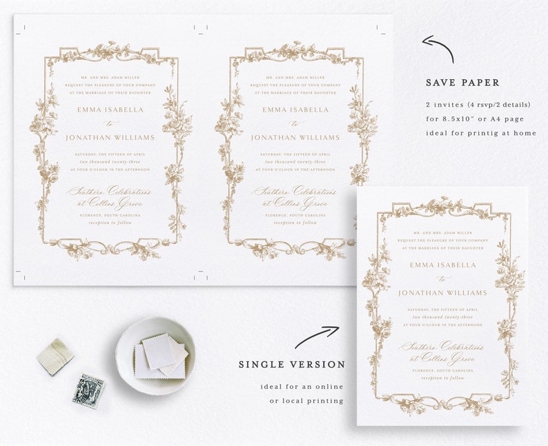 May include: Two printable wedding invitation designs with a gold floral border. The text reads "We are Mr. and Mrs. Adam Miller request the pleasure of your company at the marriage of their daughter Emma Isabella to Jonathan Williams Saturday, the sixteenth of April two thousand twenty three at four o'clock in the afternoon at Collins Grove Florence, South Carolina Reception to follow"