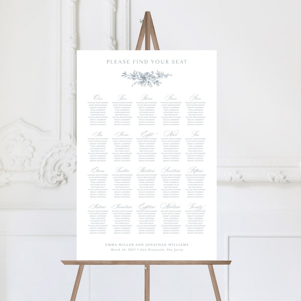 Printable French Roses Wedding Seating Chart Template with Dusty Blue Florals, Editable Elegant Classic Large Sign 24x36, Sign 18x24 | Emma