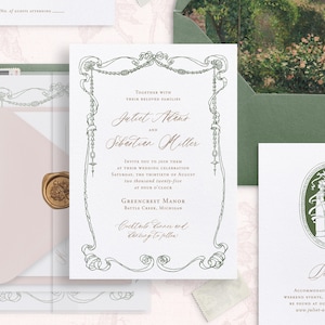 Printable Regency Period Style Wedding Invitation Template Set, Editable Ribbon Frame Wedding Invites, Love Story Wedding Details RSVP Cards