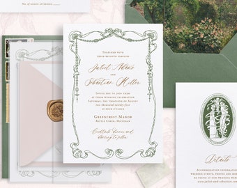 Printable Regency Period Style Wedding Invitation Template Set, Editable Ribbon Frame Wedding Invites, Love Story Wedding Details RSVP Cards