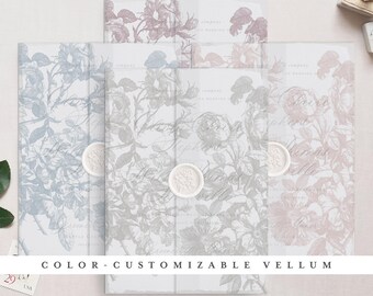 Color-customizable & Printable Wedding Vellum Wrap for 5x7" cards, Roses Engraving