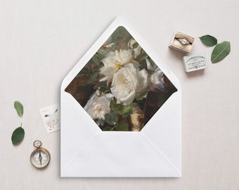 Printable Envelope Liner, A7, Euro Flap, Square Flap, 6.5 Square, A6, 5.75 Square, 4 Bar, 4 Bar for 5x7 Wedding Invitations, White Roses