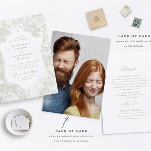 May include: A wedding invitation featuring a floral design on a white background. The invitation includes the names Lydia Isabella Stephens and Jeremy Andrew Williams, the date 12 February 2023, and the location Gremeriet Manor. The back of the card shows a photo of a couple and details about the wedding.