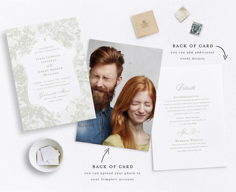 May include: A wedding invitation featuring a floral design on a white background. The invitation includes the names Lydia Isabella Stephens and Jeremy Andrew Williams, the date 12 February 2023, and the location Gremeriet Manor. The back of the card shows a photo of a couple and details about the wedding.