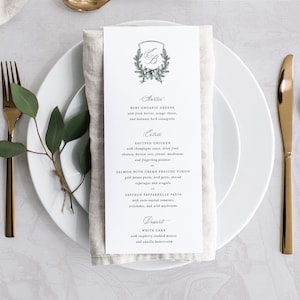 Printable Wedding Menu Card Template with Christmas Pine Crest, Editable Elegant Classic Dinner Drink Buffet Table Menus