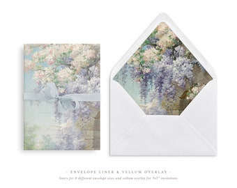 Printable Wedding Vellum Overlay and Envelope Liner for 5x7 Wedding Invitations Mini Bundle, Wisteria Painting