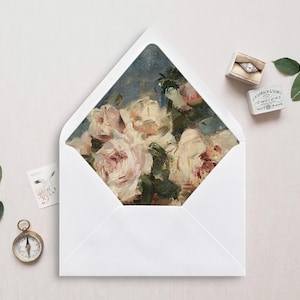 Druckbare Umschlagunterlage, A7, Euro Flap, Quadrat Flap, Landschaft Umschlag Liner für 5x7 Hochzeitseinladungen, Blush Rosen II.