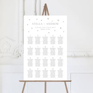 May include: A white wedding seating chart with gold stars and the text "STELLA + ANDREW PLEASE FIND YOUR SEAT September 16, 2024" at the top. The chart lists guest names and table numbers.