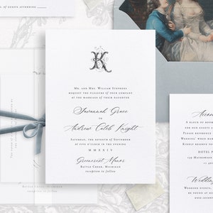 Printable Wedding Invitation Template Set with Vintage Letter Monogram, Editable Elegant Invites, Classic Wedding Details RSVP Cards