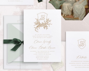 Printable Floral Crest Wedding Invitation Template Set, Editable Romantic Monogram Wedding Invites, Gold Wedding Details RSVP Cards