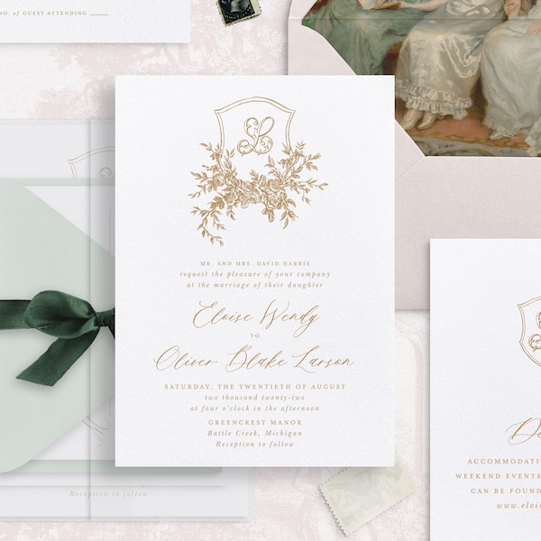 Printable Floral Crest Wedding Invitation Template Set, Editable Romantic Monogram Wedding Invites, Gold Wedding Details RSVP Cards