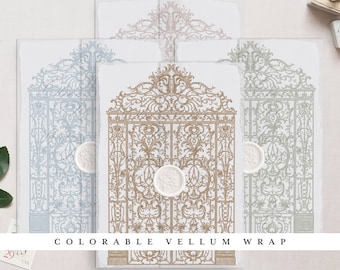 Colorable & Printable Wedding Vellum Wrap for 5x7" cards, Baroque Garden Gate Design II.