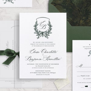 Printable Wedding Invitation Template Set with Christmas Pine Crest, Editable Elegant Monogram Invites, Classic Wedding Details RSVP Cards