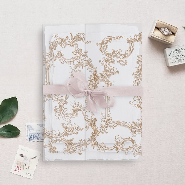 Printable Wedding Vellum Wrap, Baroque Fine Line Gold Design